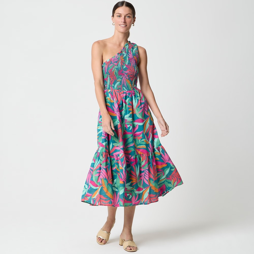 J.Crew Womens One-Shoulder Smocked Midi Dress Tropical Leaf Print CV007 Teal M